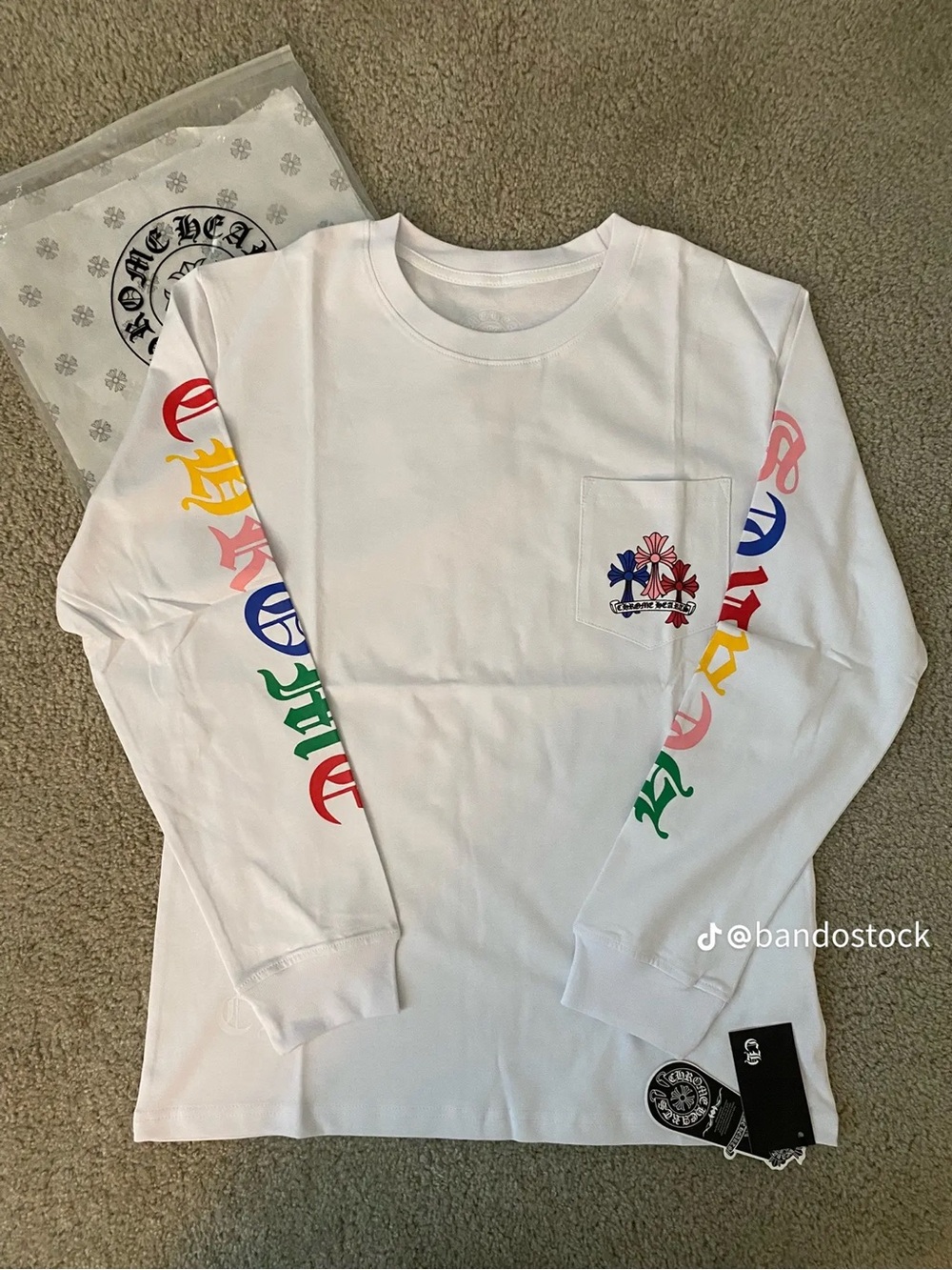 Chrome Hearts White Kids Long Sleeve Pocket Tee with Multicolor Sleeve Logos